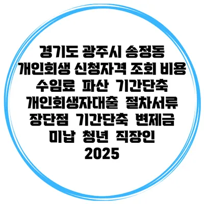 경기도 광주시 송정동 개인회생 신청자격 조회 비용 수임료 | 파산 | 기간단축 | 개인회생자대출 | 절차서류 | 장단점 | 기간단축 | 변제금 미납 | 청년 | 직장인 2025