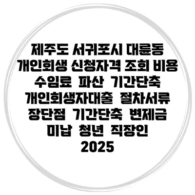 제주도 서귀포시 대륜동 개인회생 신청자격 조회 비용 수임료 | 파산 | 기간단축 | 개인회생자대출 | 절차서류 | 장단점 | 기간단축 | 변제금 미납 | 청년 | 직장인 2025